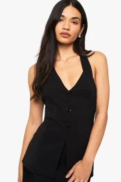 Gilet long en bengaline à encolure en V