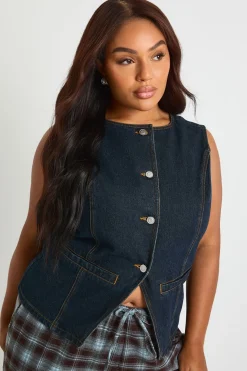 Gilet long en denim boutonné Plus