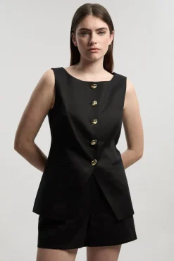 Gilet Long En Lin Ajusté Avec Boutonnage Décoratif Devant