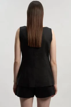 Gilet Long En Lin Ajusté Avec Boutonnage Décoratif Devant