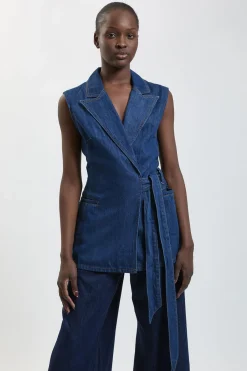 KarenMillen Gilet Plissé En Denim Avec Ceinture À Nouer<Femme Tailleurs|Denim
