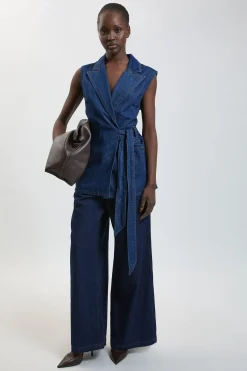 KarenMillen Gilet Plissé En Denim Avec Ceinture À Nouer<Femme Tailleurs|Denim