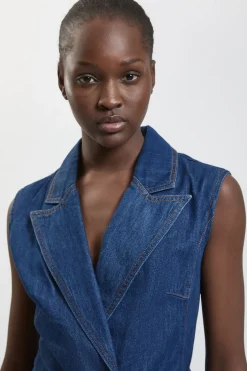 KarenMillen Gilet Plissé En Denim Avec Ceinture À Nouer<Femme Tailleurs|Denim