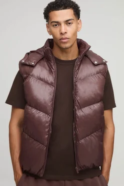 boohooMAN Gilet puffer coupe régulière, finition brillante, à panneaux, doté d'une capuche et d'un col entonnoir<Homme Manteaux Et Vestes