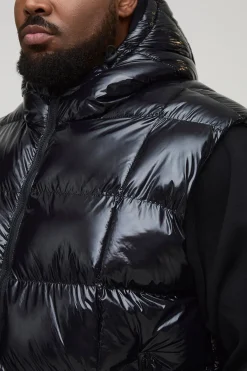 boohooMAN Gilet puffer matelassé à capuche, haute brillance, coupe régulière Plus<Homme Vestes & Manteaux Grande Taille|Tout Afficher