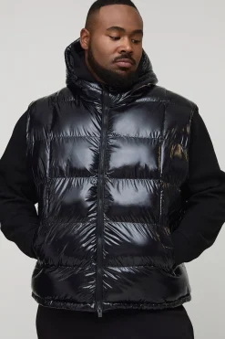boohooMAN Gilet puffer matelassé à capuche, haute brillance, coupe régulière Plus<Homme Vestes & Manteaux Grande Taille|Tout Afficher