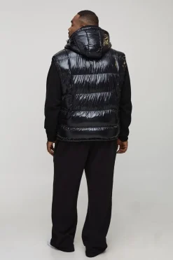 boohooMAN Gilet puffer matelassé à capuche, haute brillance, coupe régulière Plus<Homme Vestes & Manteaux Grande Taille|Tout Afficher