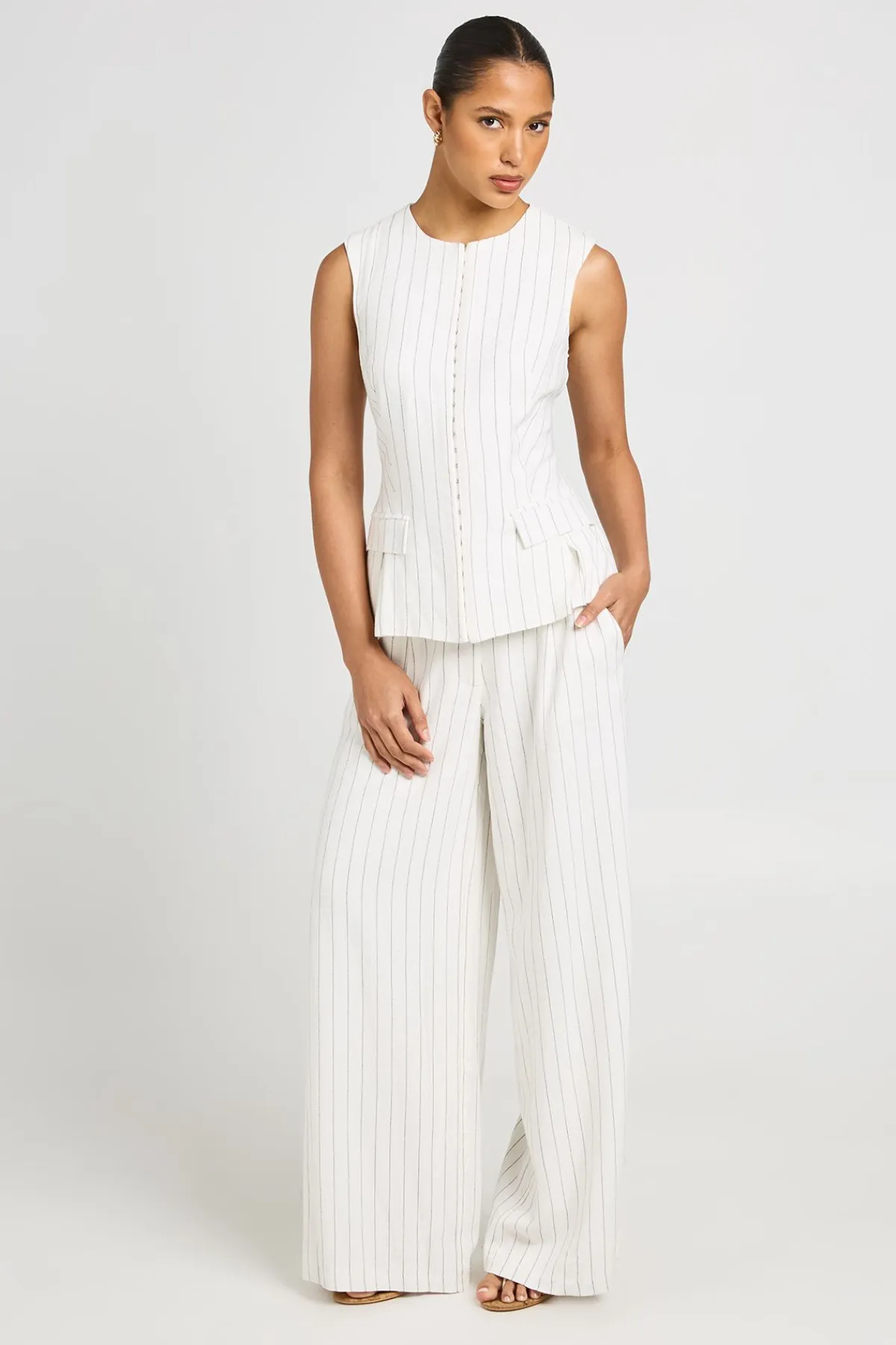 boohoo Gilet Rayé Aspect Lin Avec Fermeture À Crochets Et Œillets<Femme Tailleurs|Tops