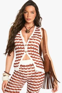 boohoo Gilet rayé en crochet tricoté<Femme Pulls Et Gilets|Toutes Les Mailles