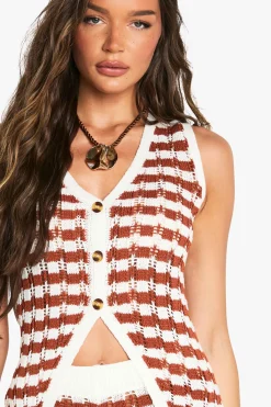 boohoo Gilet rayé en crochet tricoté<Femme Pulls Et Gilets|Toutes Les Mailles