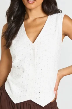 Gilet Sans Manches Col V Broderie Anglaise