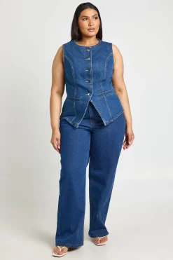 boohoo Gilet Sans Manches En Jean Avec Boutonnage Grande Taille<Femme Denim|Denim