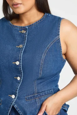 boohoo Gilet Sans Manches En Jean Avec Boutonnage Grande Taille<Femme Denim|Denim