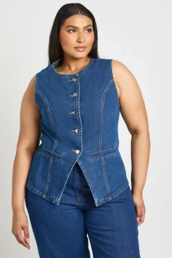 boohoo Gilet Sans Manches En Jean Avec Boutonnage Grande Taille<Femme Denim|Denim