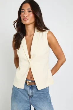 boohoo Gilet Sans Manches À Un Bouton Aspect Lin<Femme Tailleurs|Tops