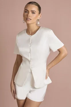 boohoo Gilet Satiné à Manches Bouffantes et Boutonnage Devant<Femme Tailleurs|Satin Et Dentelle