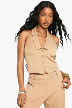 Gilet Tailleur à Encolure Halter et Col