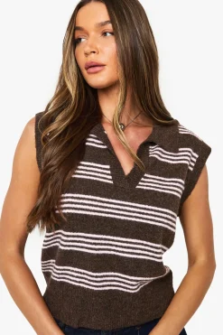 boohoo Gilet tricoté à col, encolure en V et fines rayures<Femme Looks Chocolat|Pulls Et Gilets