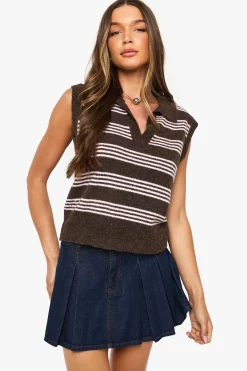 boohoo Gilet tricoté à col, encolure en V et fines rayures<Femme Looks Chocolat|Pulls Et Gilets