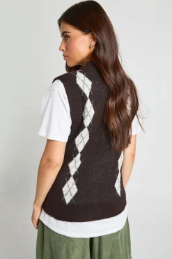 boohoo Gilet Tricoté À Col V Et Motif Losanges<Femme Looks Chocolat|Tops