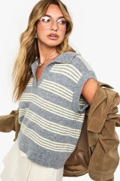 boohoo Gilet tricoté à fines rayures avec col et encolure en V<Femme Pulls Et Gilets|Toutes Les Mailles