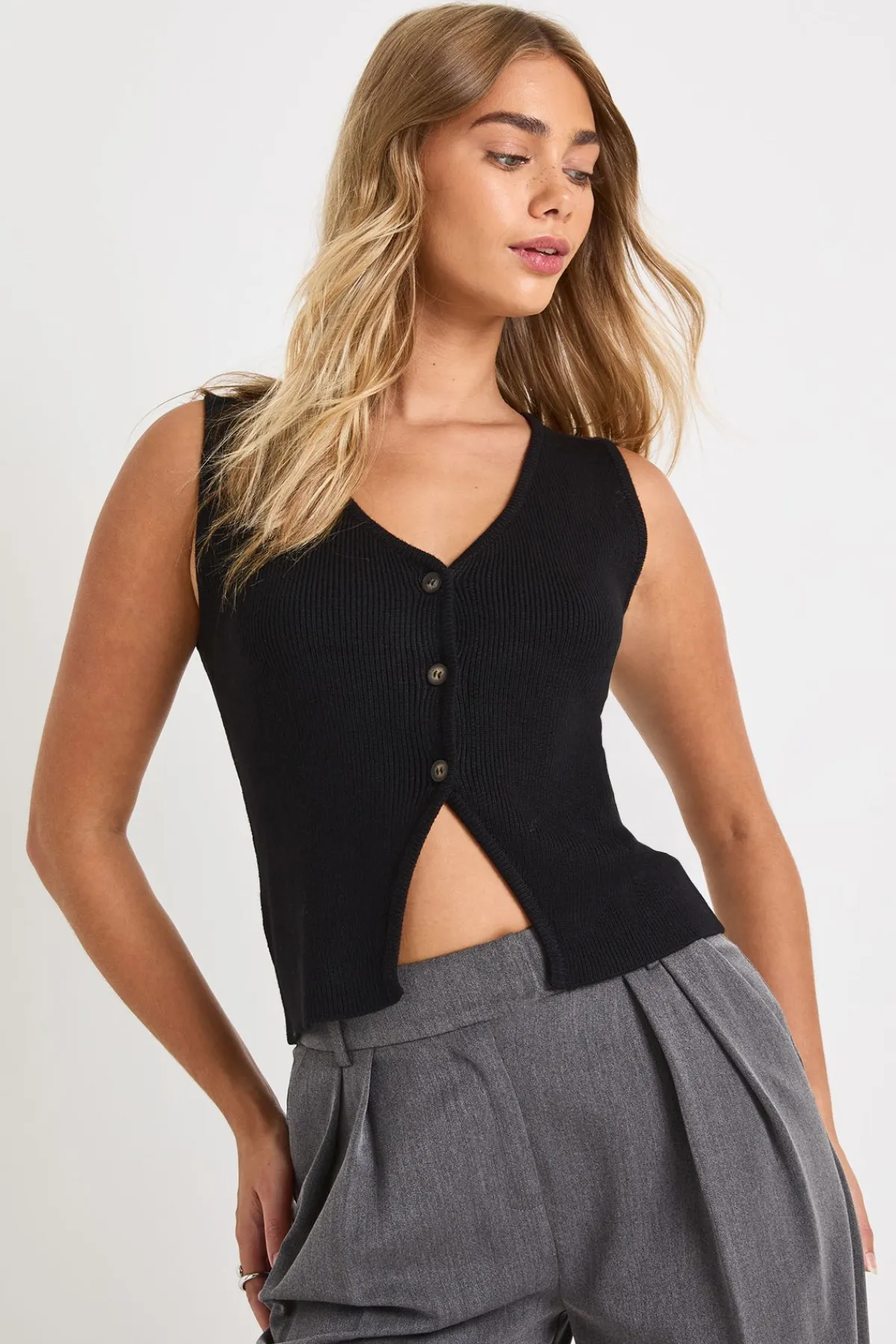 boohoo Gilet tricoté haut de gamme à côtes épaisses et ourlet en V<Femme Pulls Et Gilets|Toutes Les Mailles