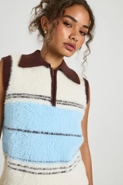 boohoo Gilet tricoté ultra doux à rayures contrastées et col tricoté<Femme Pulls Et Gilets|Toutes Les Mailles