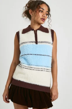 boohoo Gilet tricoté ultra doux à rayures contrastées et col tricoté<Femme Pulls Et Gilets|Toutes Les Mailles