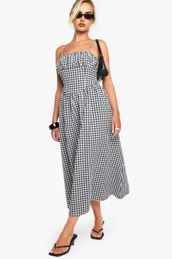Gingham à buste froncé détail Robe Midaxi