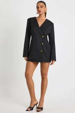 boohoo Gold Button Tailored Plunge Blazer Dress<Femme Tailleurs|Robes À Manches Longues
