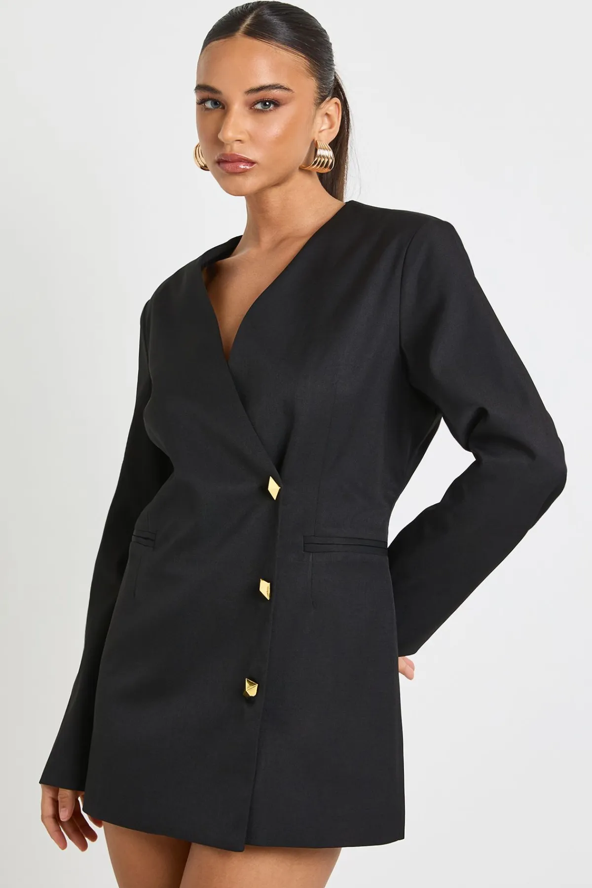 boohoo Gold Button Tailored Plunge Blazer Dress<Femme Tailleurs|Robes À Manches Longues