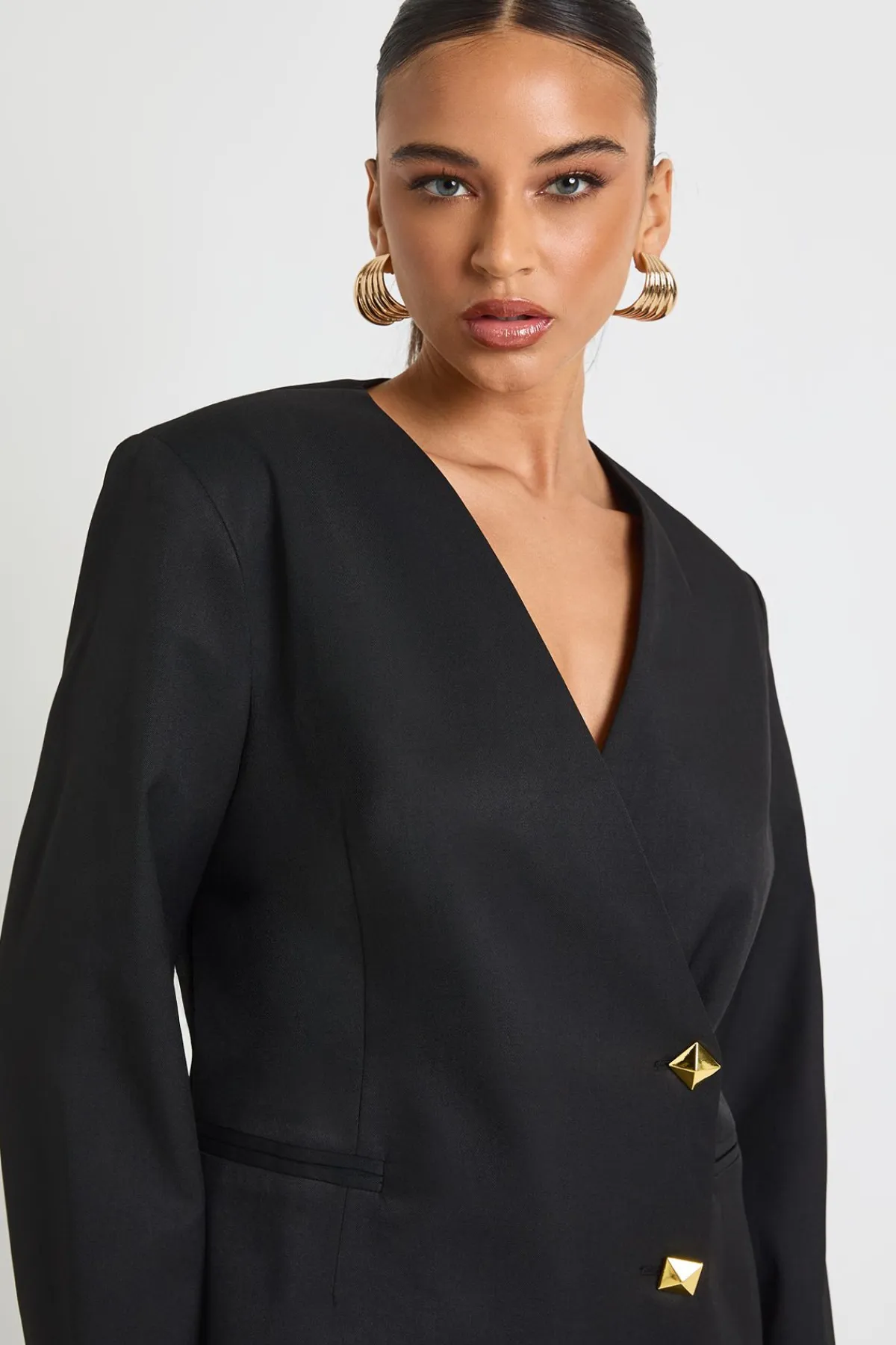 boohoo Gold Button Tailored Plunge Blazer Dress<Femme Tailleurs|Robes À Manches Longues