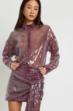 boohoo Grande robe chemise mini drapée à sequins transparents<Femme Robes À Manches Longues|Robes