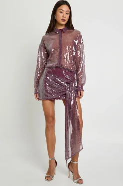 boohoo Grande robe chemise mini drapée à sequins transparents<Femme Robes À Manches Longues|Robes