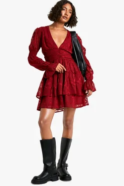 boohoo Grande robe patineuse en tissu burnout paisley avec manches bouffantes et taille froncée<Femme Robes Patineuses|Robes Bohème