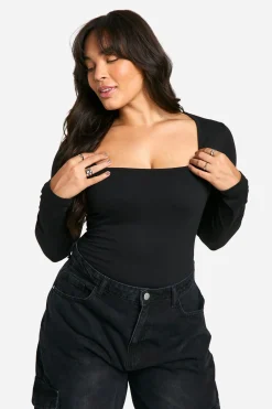 boohoo Grande taille - Body à col carré et manches longues<Femme Looks De Rentrée|Tops