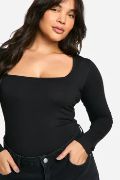 boohoo Grande taille - Body à col carré et manches longues<Femme Looks De Rentrée|Tops
