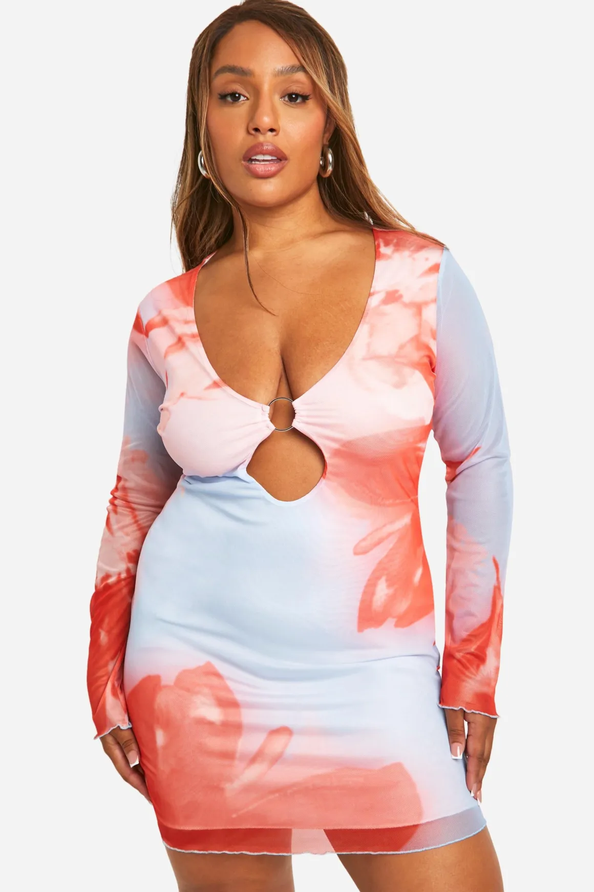 Grande taille - Robe courte fleurie en mesh à manches longues