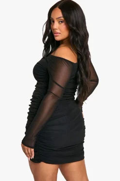 boohoo Grande taille - Robe courte froncé en mesh à col bateau<Femme Robes Moulantes|Robes À Manches Longues