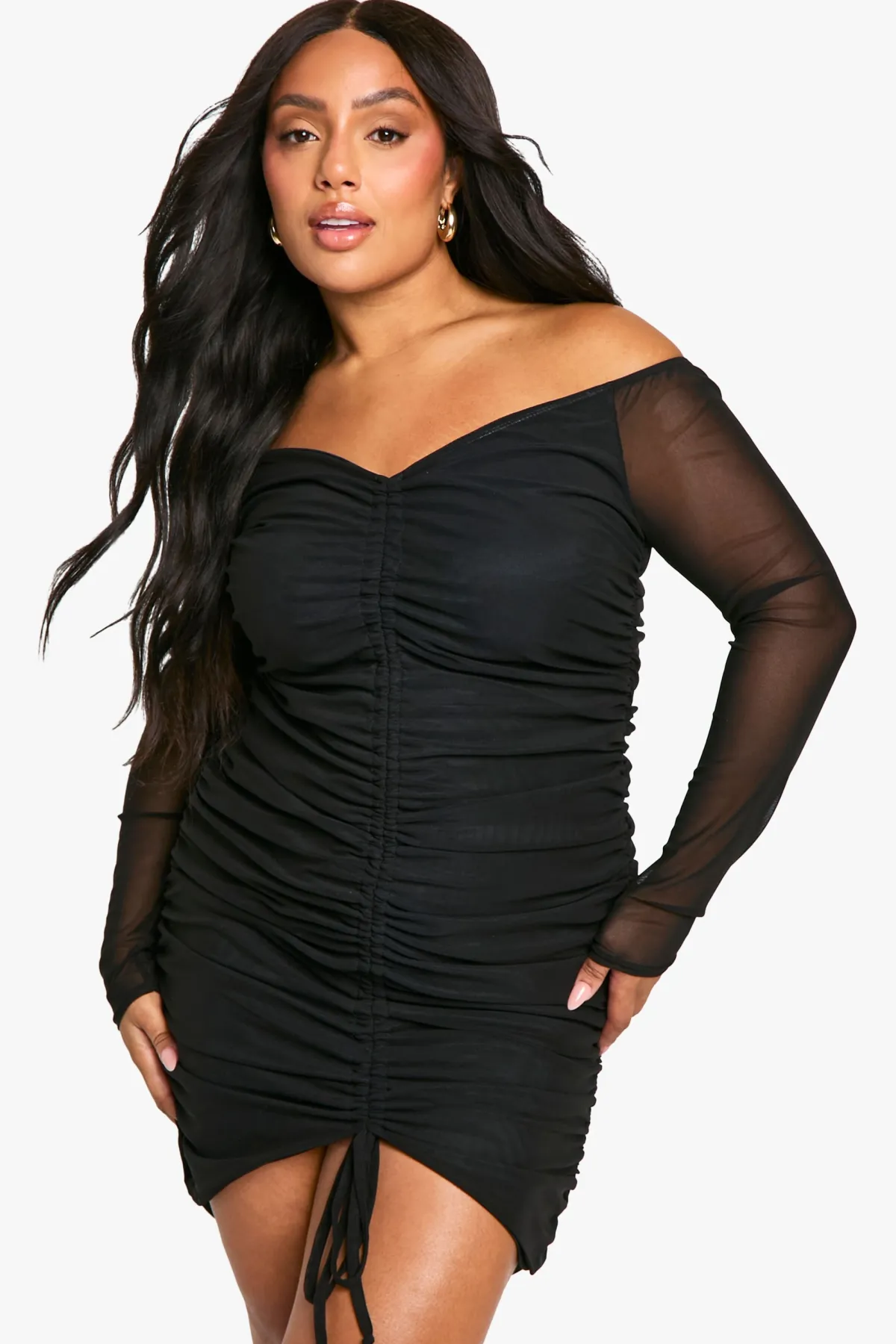 boohoo Grande taille - Robe courte froncé en mesh à col bateau<Femme Robes Moulantes|Robes À Manches Longues