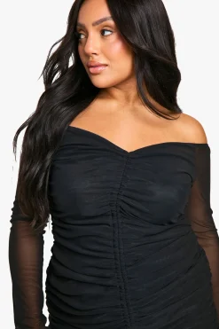 boohoo Grande taille - Robe courte froncé en mesh à col bateau<Femme Robes Moulantes|Robes À Manches Longues