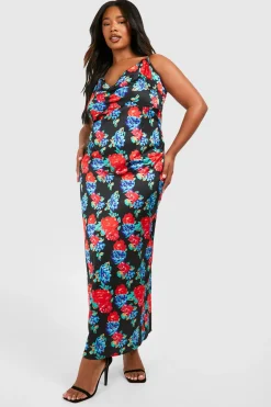 Grande taille - Robe longue satinée fleurie