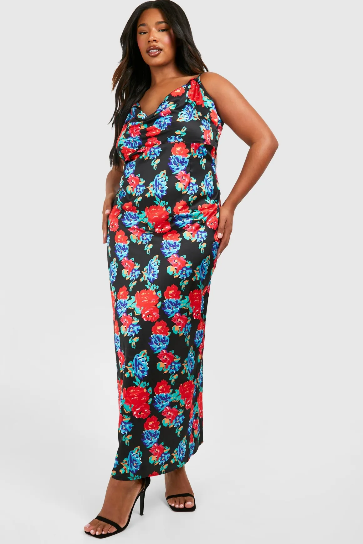 Grande taille - Robe longue satinée fleurie
