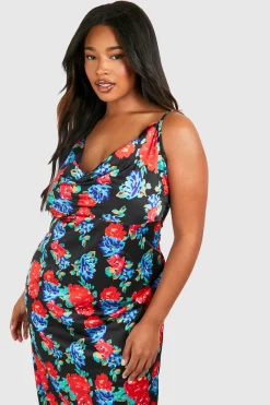 Grande taille - Robe longue satinée fleurie