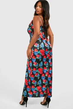 Grande taille - Robe longue satinée fleurie