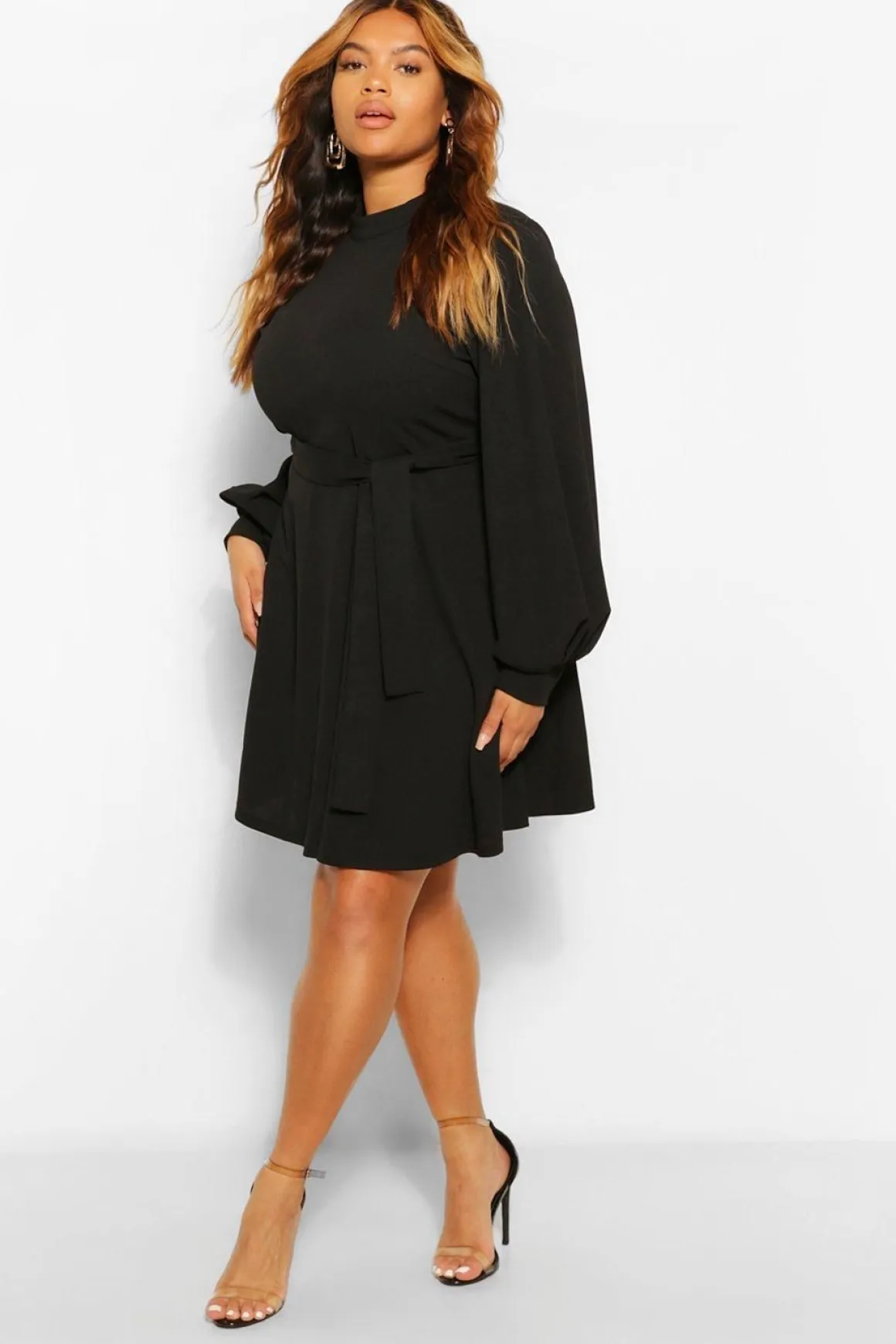 Grande taille - Robe patineuse à manches bishop et col montant