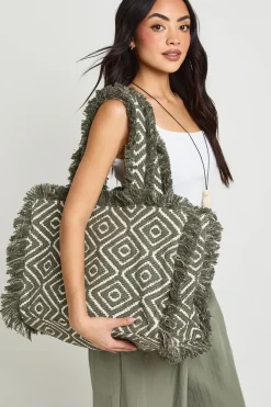 Grand Sac De Plage Jacquard À Bords Effilochés