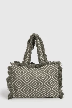 Grand Sac De Plage Jacquard À Bords Effilochés