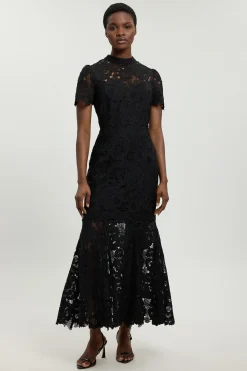 KarenMillen Guipure Lace High Neck Woven Midi Dress<Femme Robes Mi-Longues|Satin Et Dentelle