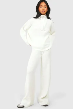 boohoo Half Zip Funnel Neck And Wide Leg Trouser Knitted Tracksuit<Femme Pulls Et Gilets|Toutes Les Mailles